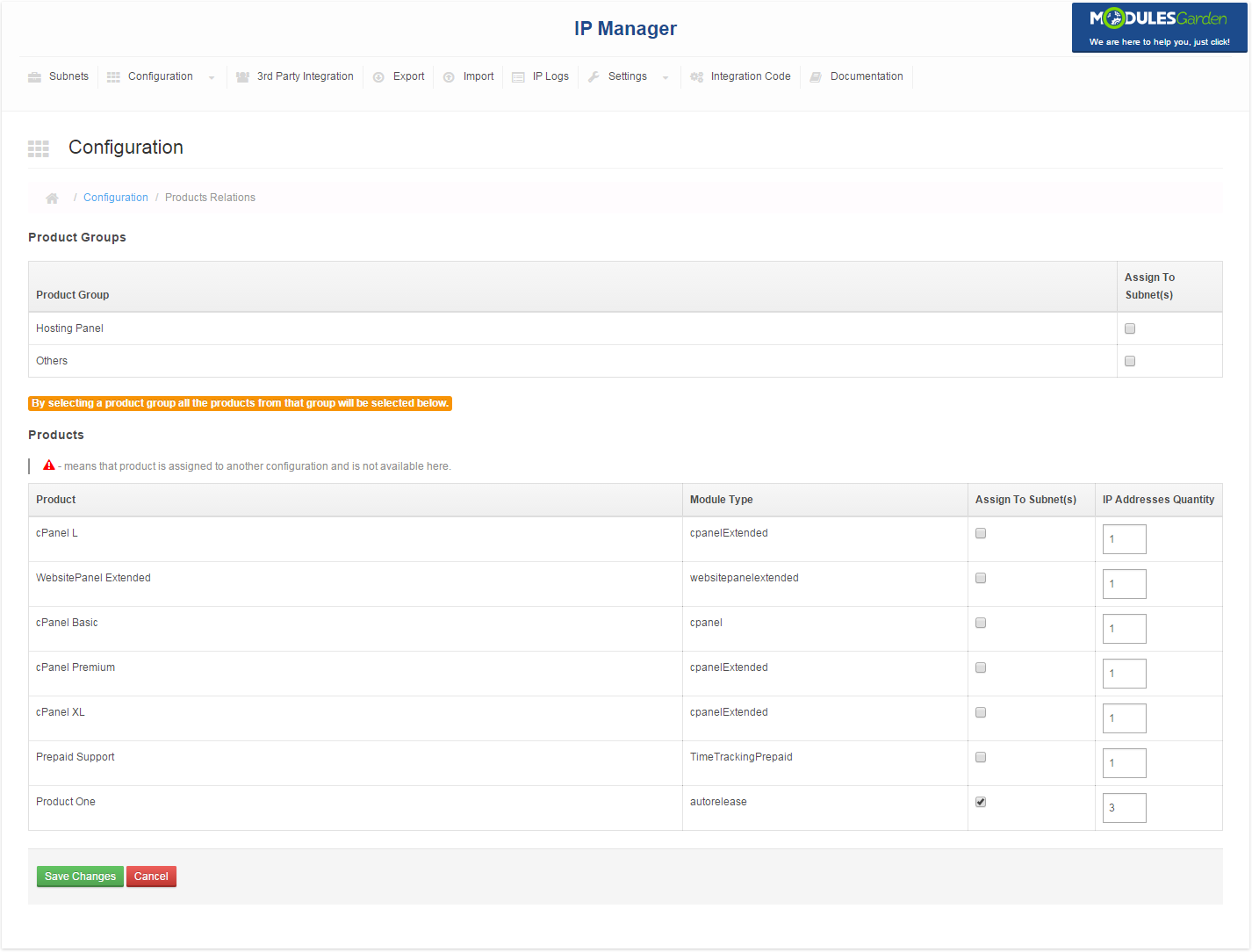 ModulesGarden IP Manager For WHMCS - Products Relations