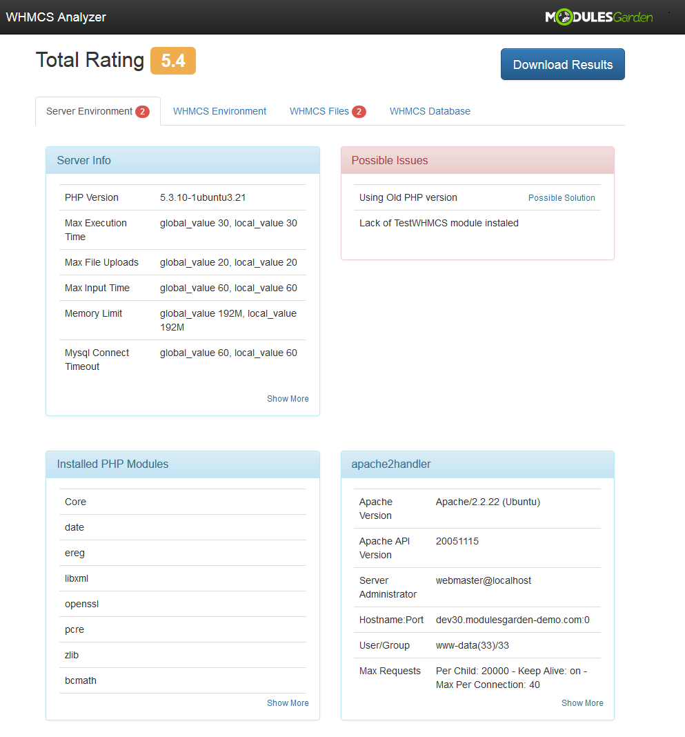 ModulesGarden WHMCS Analyzer - Server Environment