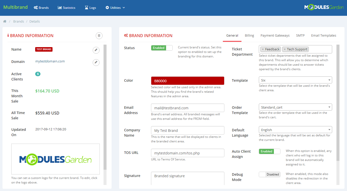 ModulesGarden Multibrand For WHMCS 2.0 - Brand Configuration