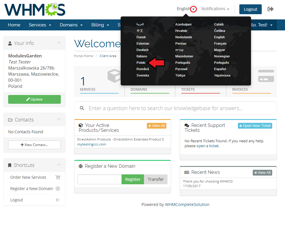 Polish Language Translation For WHMCS by ModulesGarden - Client Area Polish Language Translation For WHMCS by ModulesGarden - Client Area