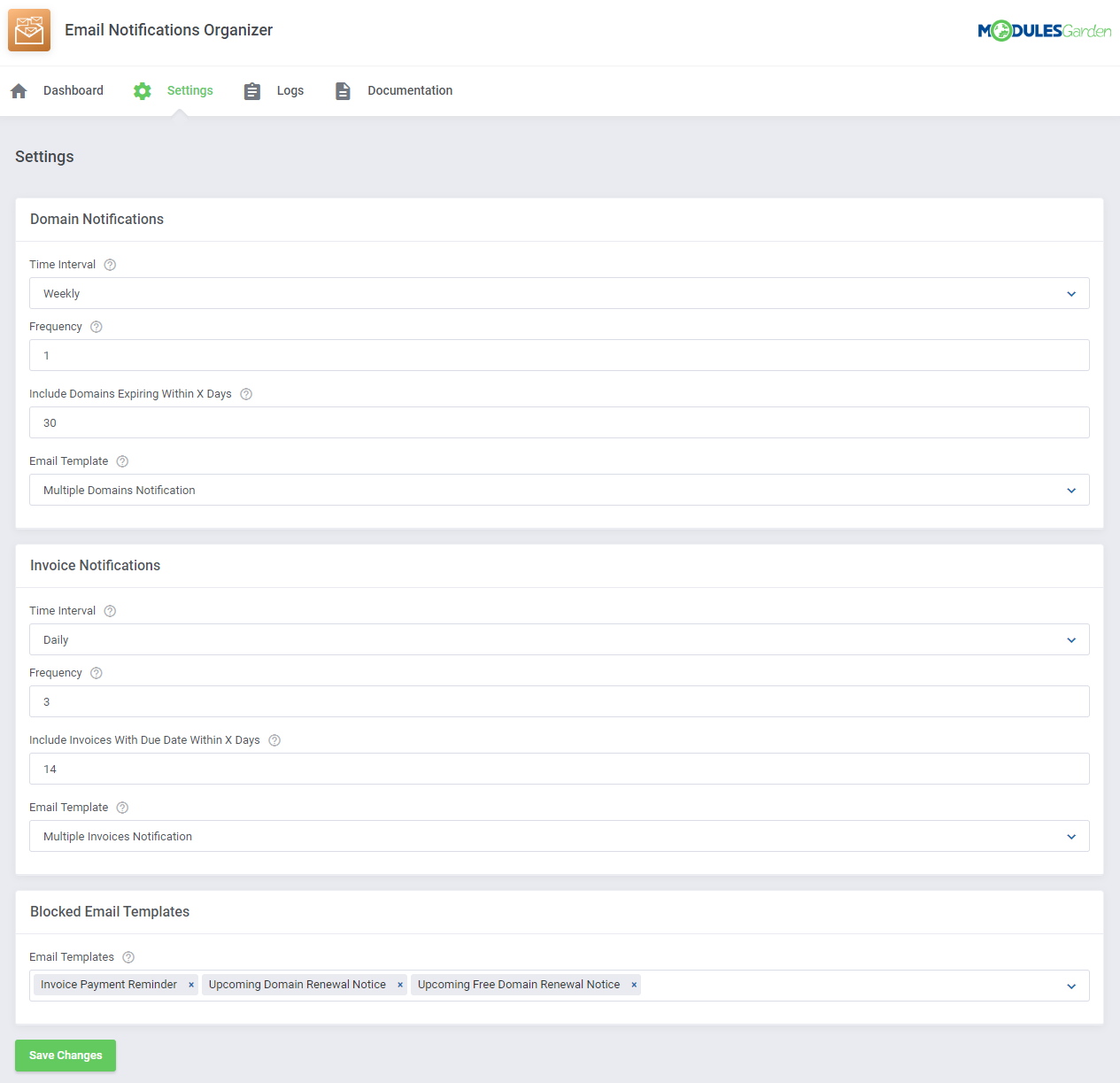 ModulesGarden Email Notifications Organizer For WHMCS Module - Settings