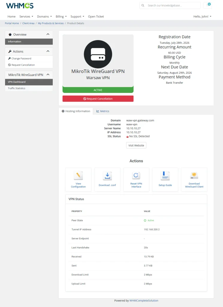 WireGuard VPN configuration QR code and connection details in MikroTik WireGuard VPN For WHMCS client area