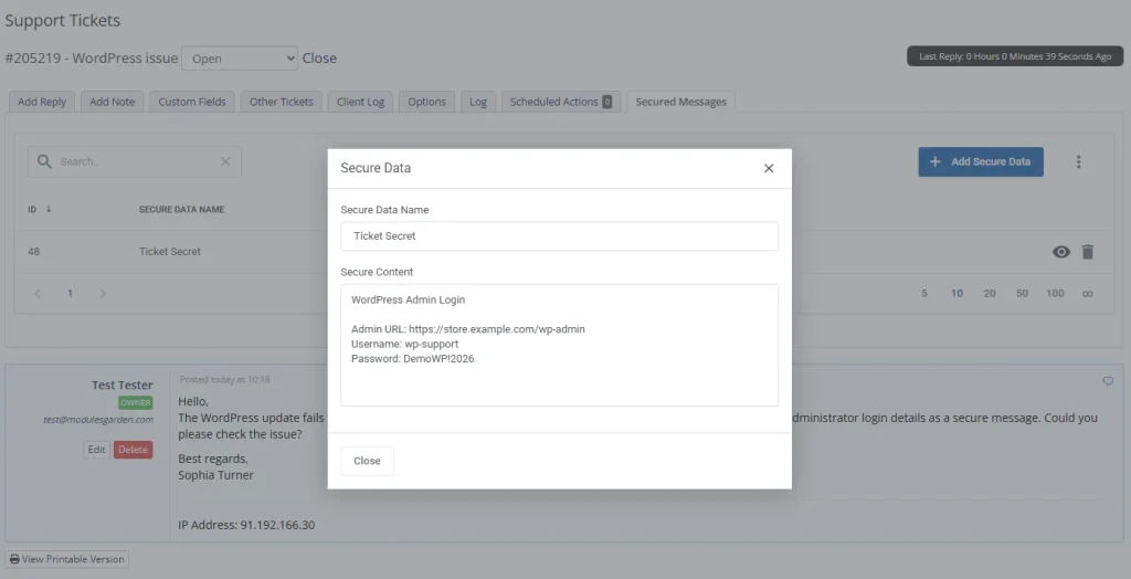 Encrypted confidential message panel in Secure Support Messages For WHMCS ticket view