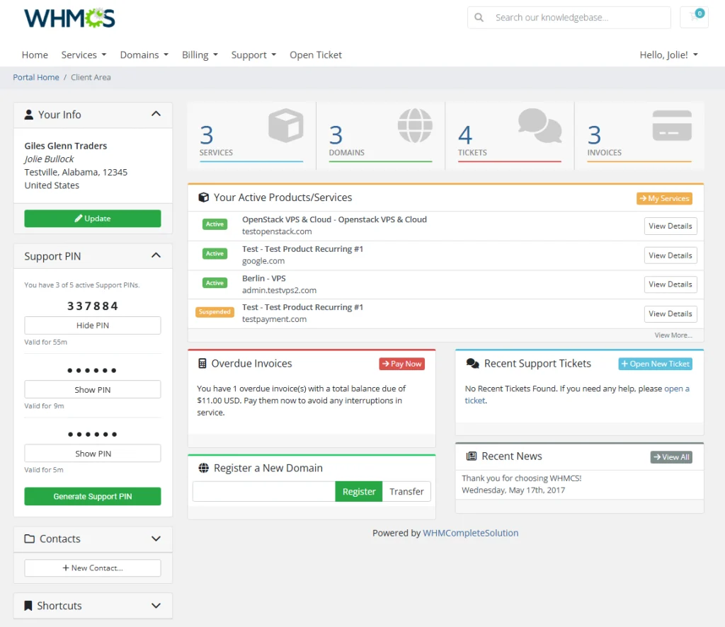 Temporary PIN verification screen in Support PIN For WHMCS client area