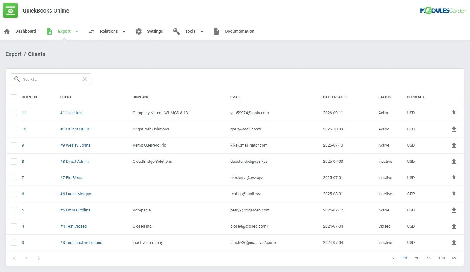 Client export page in QuickBooks Online For WHMCS 2.0.0