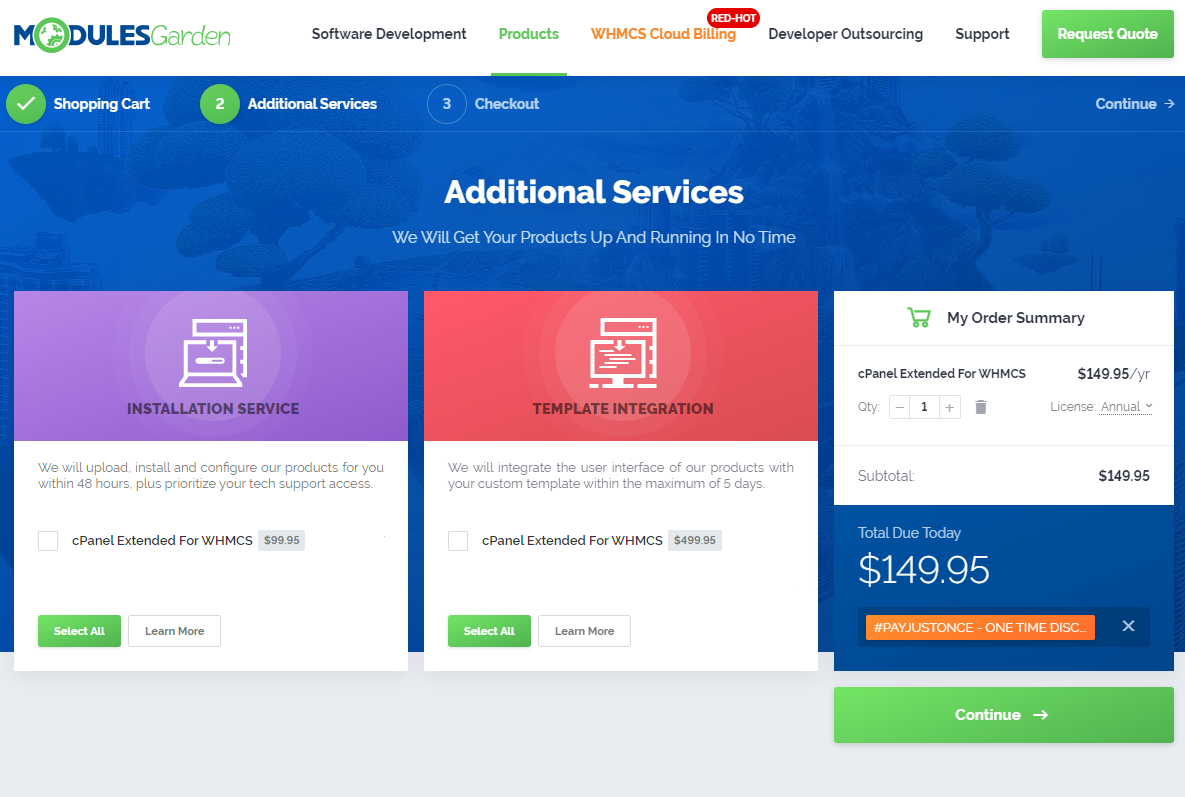 7-Day Free Access: Additional Services step with Installation Service and Template Integration options and Continue