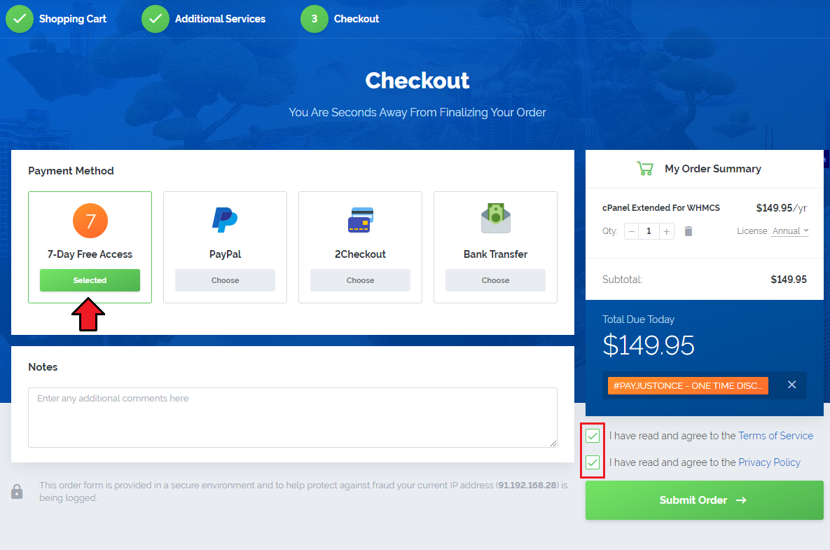 7-Day Free Access: Checkout step with the 7-Day Free Access payment method selected and terms checkboxes ticked