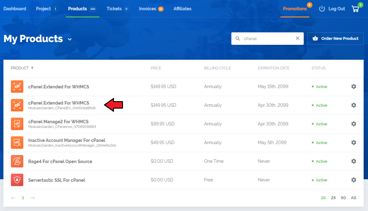 7-Day Free Access: My Products list in the client area with the ordered cPanel Extended For WHMCS product marked active