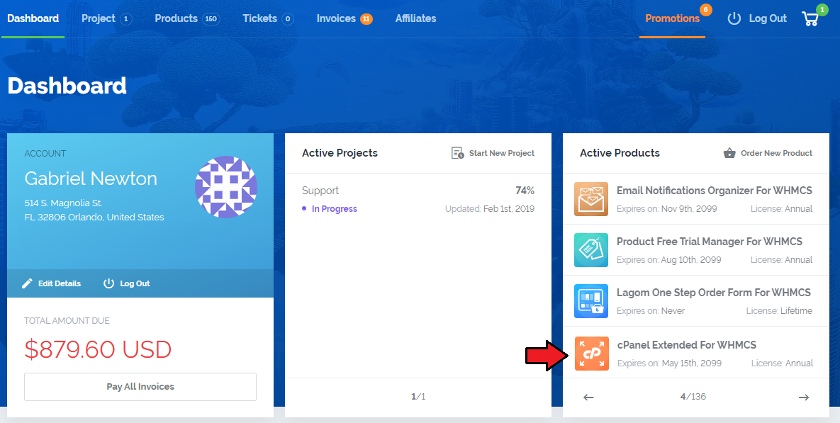 7-Day Free Access: client area Dashboard with the cPanel Extended For WHMCS module in the Active Products box