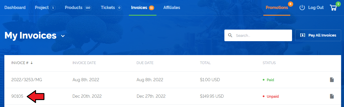 7-Day Free Access: My Invoices list in the client area with the unpaid invoice for the 7-day access product