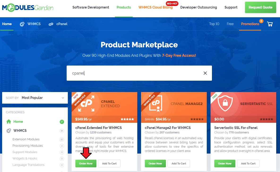 7-Day Free Access: ModulesGarden Product Marketplace with cPanel search results and the Order Now button on cPanel