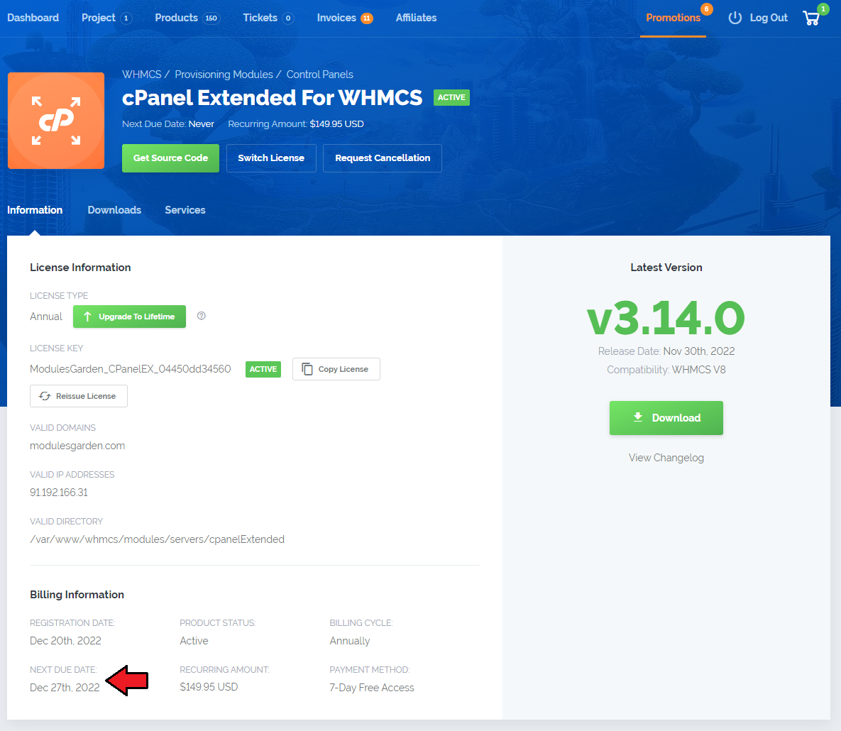 7-Day Free Access: product Information tab with 7-Day Free Access payment method and the next due date