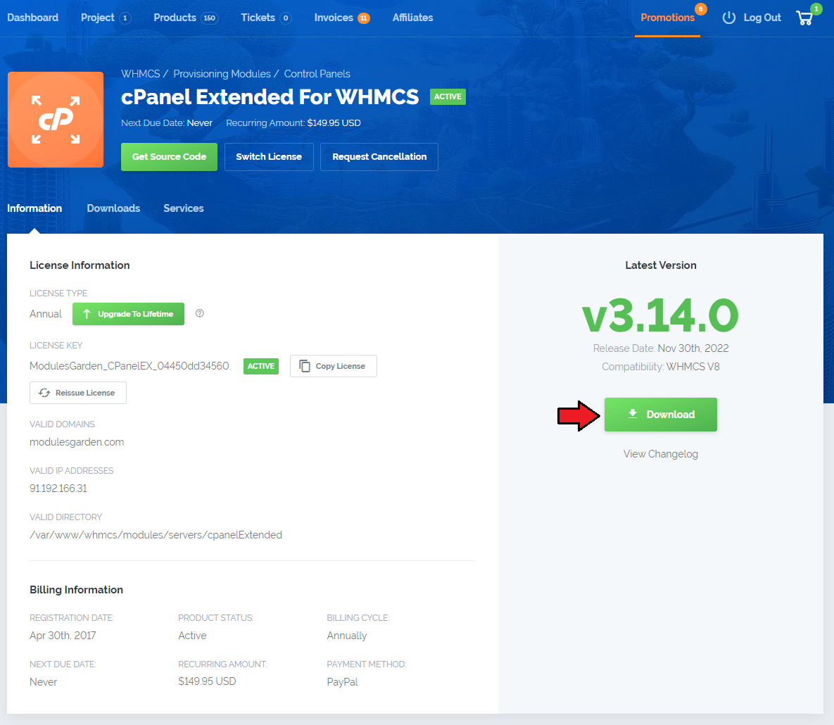 7-Day Free Access: product page Information tab with license details, billing information and the Download button