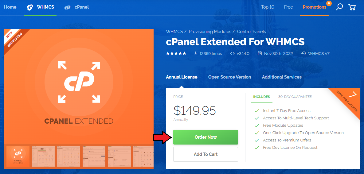7-Day Free Access: cPanel Extended For WHMCS product page with the Order Now button below the annual license price