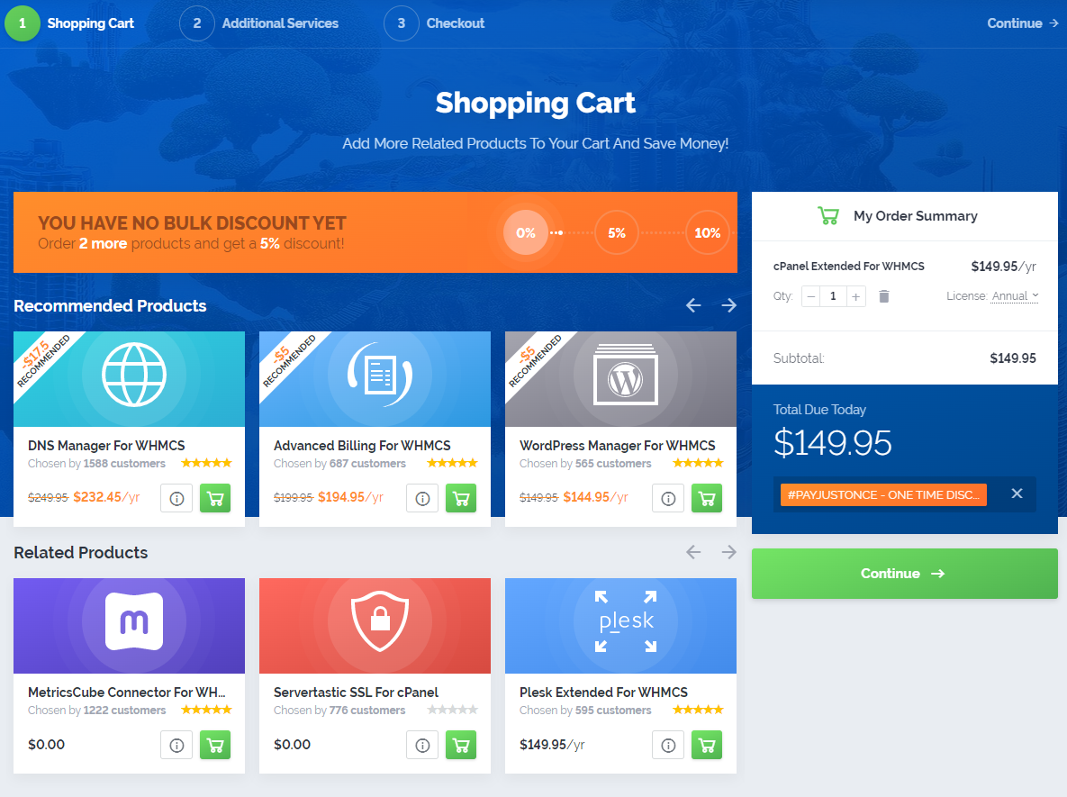 7-Day Free Access: Shopping Cart step with the My Order Summary box, recommended products and the Continue button