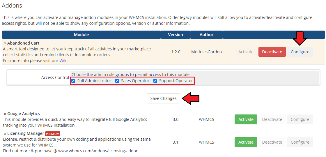 Abandoned Cart For WHMCS: access control settings in WHMCS Addon Modules with admin role groups and Save Changes