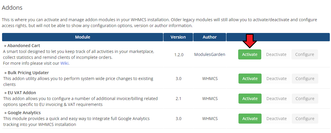 Abandoned Cart For WHMCS: activation in the WHMCS admin Addon Modules list with the Activate button