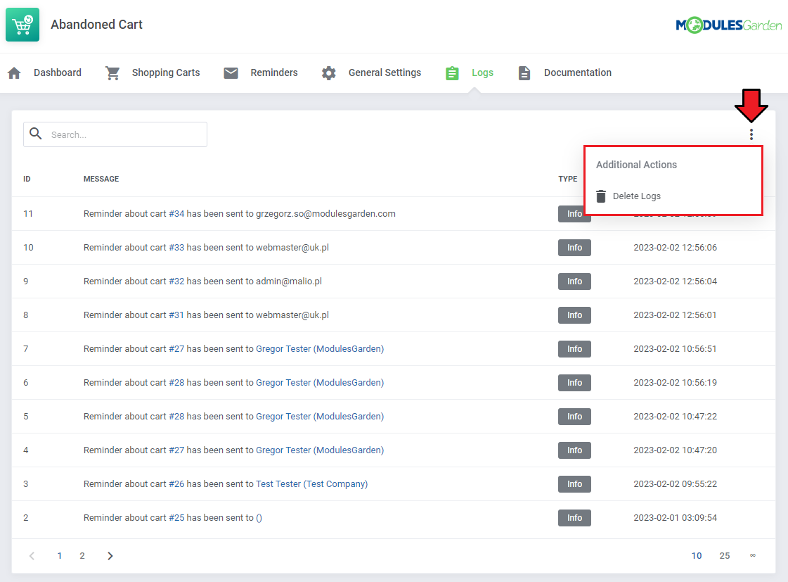 Abandoned Cart For WHMCS: Logs tab with the Delete Logs action in the additional actions menu
