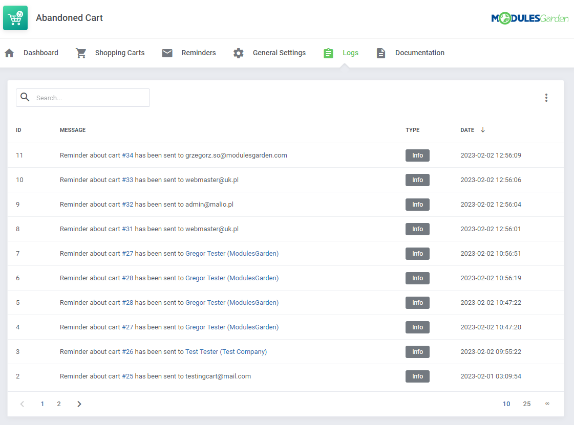 Abandoned Cart For WHMCS: Logs tab in the WHMCS admin area listing reminder emails sent for abandoned carts
