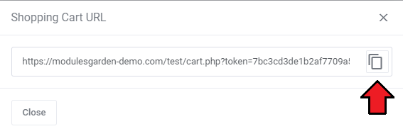 Abandoned Cart For WHMCS: Shopping Cart URL dialog with the copy button for the abandoned cart link