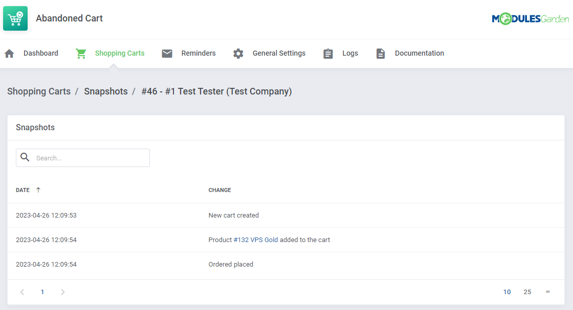 Abandoned Cart For WHMCS: cart Snapshots page listing the history of changes such as new cart and product added