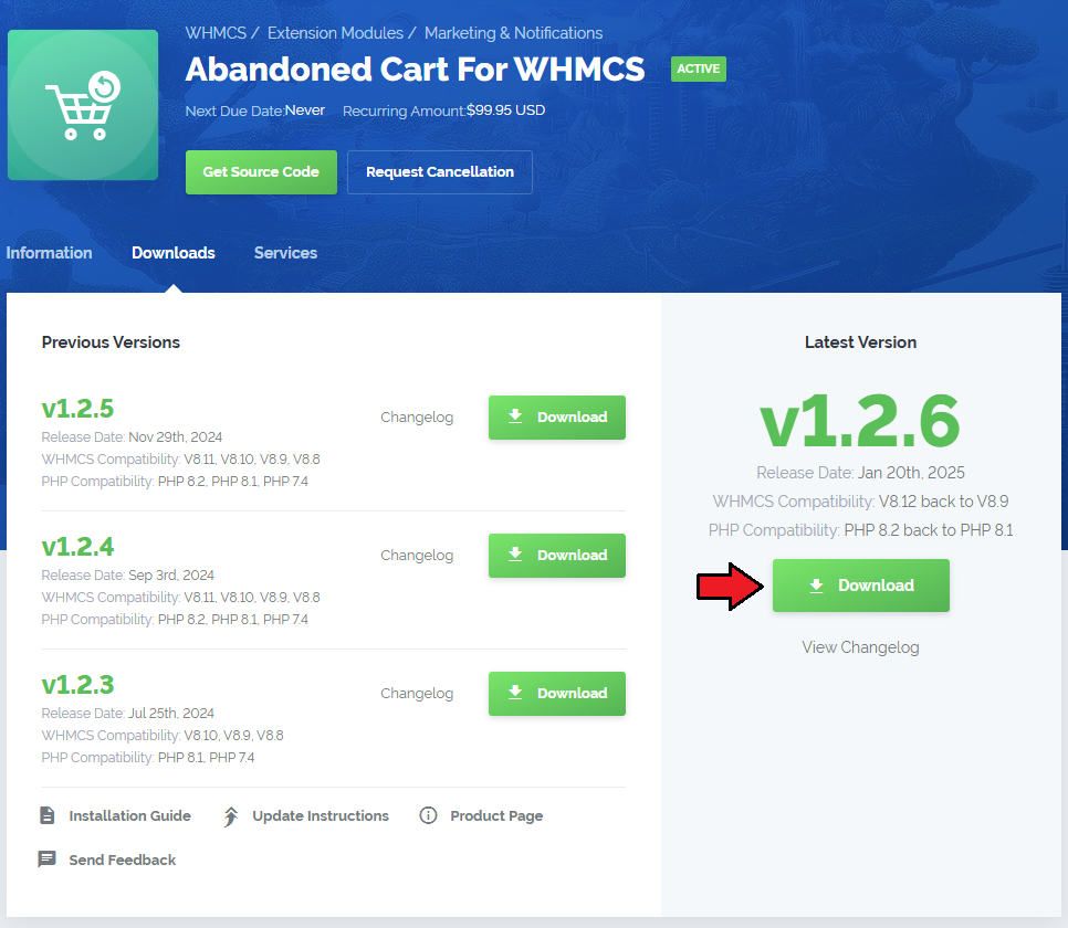 Abandoned Cart For WHMCS: download page in the client area with the latest version Download button