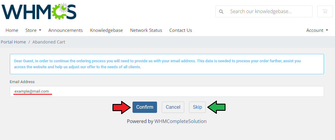 Abandoned Cart For WHMCS: client area email address form with Confirm, Cancel and Skip buttons