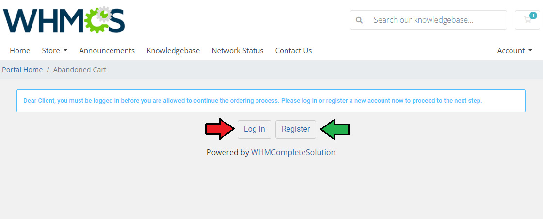 Abandoned Cart For WHMCS: client area message asking a guest to Log In or Register before ordering