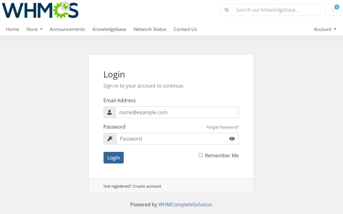 Abandoned Cart For WHMCS: standard WHMCS client area login form shown after choosing Log In