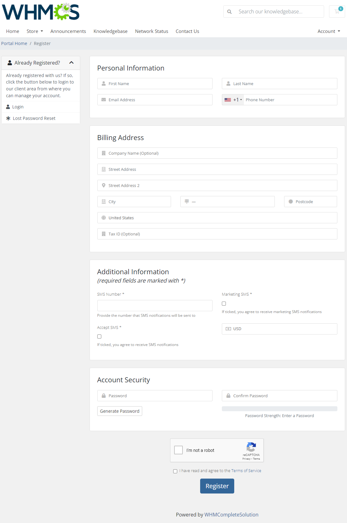 Abandoned Cart For WHMCS: WHMCS client area registration form shown after choosing Register