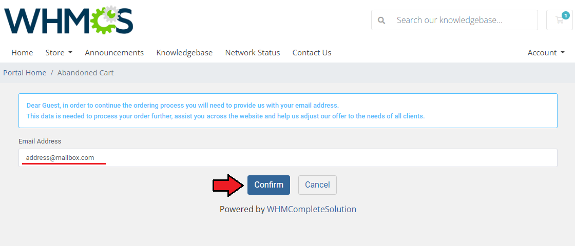 Abandoned Cart For WHMCS: client area page asking a guest for an email address with the Confirm button
