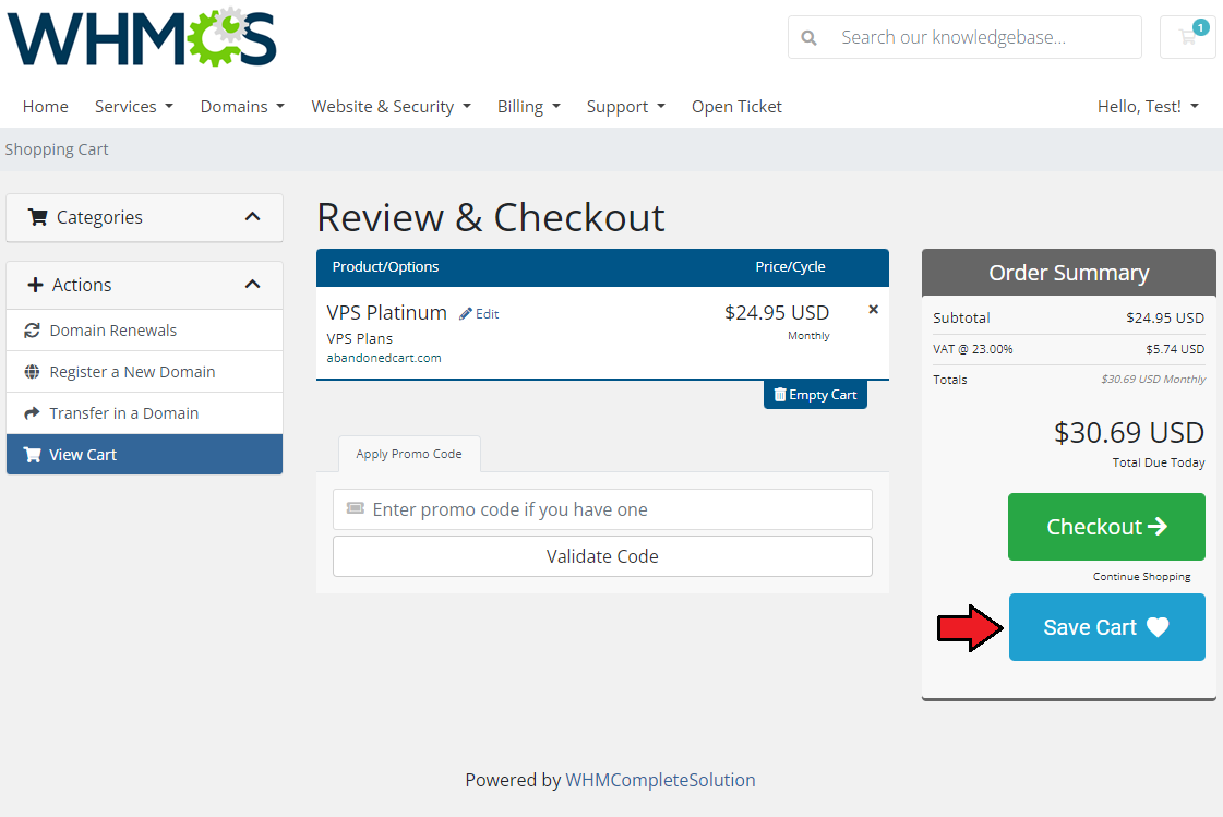Abandoned Cart For WHMCS: WHMCS client area Review and Checkout page with the Save Cart button