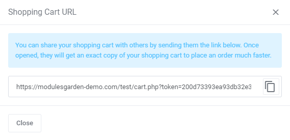 Abandoned Cart For WHMCS: Shopping Cart URL dialog with a direct link to copy and share a saved cart