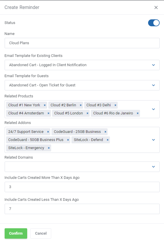 Abandoned Cart For WHMCS: Create Reminder form with templates, related products, addons and days range