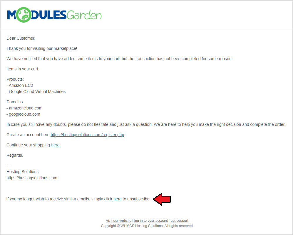 Abandoned Cart For WHMCS: reminder email with the unsubscribe link highlighted at the bottom of the message