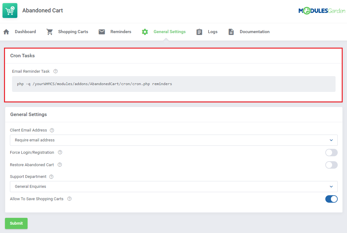 Abandoned Cart For WHMCS: cron task command in the General Settings tab of the WHMCS admin area
