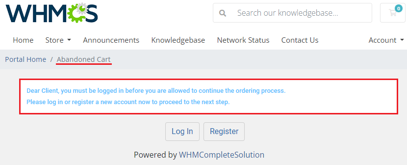 Abandoned Cart For WHMCS: client area login required message with the Abandoned Cart breadcrumb highlighted