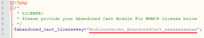 Abandoned Cart For WHMCS: license.php file with the license key entered between the quotation marks