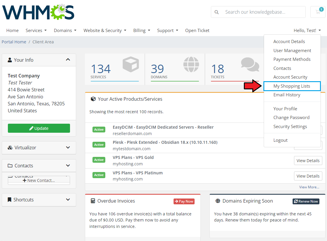 Abandoned Cart For WHMCS: client area account dropdown menu with the My Shopping Lists option highlighted