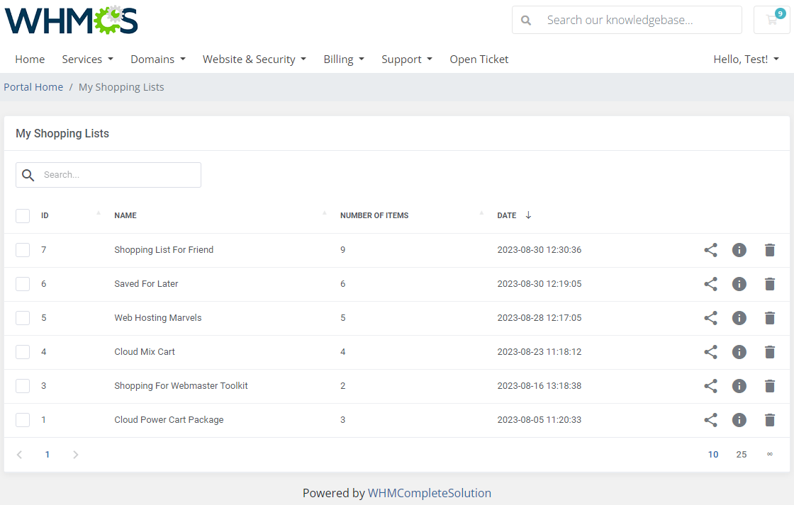 Abandoned Cart For WHMCS: My Shopping Lists page in the client area with a table of saved carts and action icons