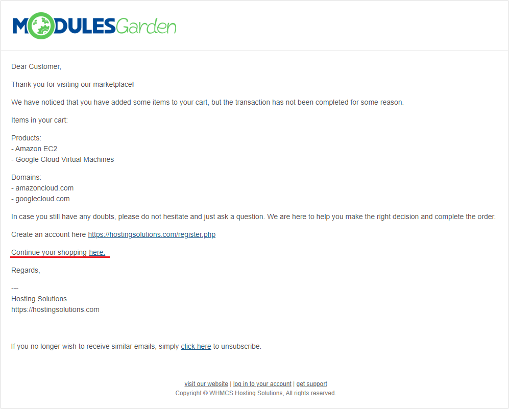 Abandoned Cart For WHMCS: reminder email with the Continue your shopping link that restores the abandoned cart