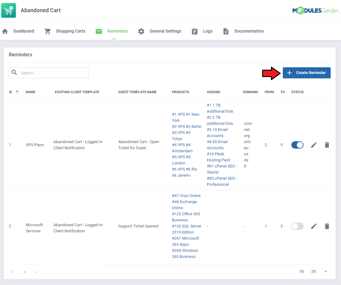 Abandoned Cart For WHMCS: Reminders list in the addon with the Create Reminder button