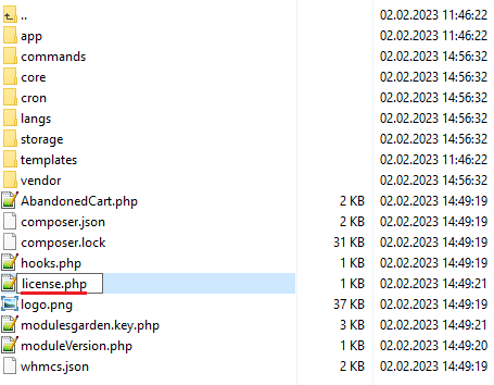 Abandoned Cart For WHMCS: module files list with license.php renamed from licenseRENAME.php