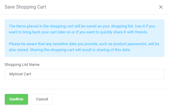 Abandoned Cart For WHMCS: Save Shopping Cart dialog with the shopping list name field and Confirm button
