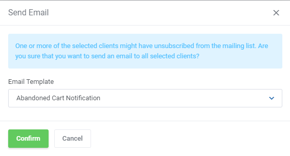 Abandoned Cart For WHMCS: Send Email dialog with the Abandoned Cart Notification email template selected