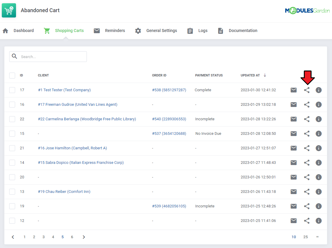 Abandoned Cart For WHMCS: Shopping Carts list with the share button that shows the cart URL