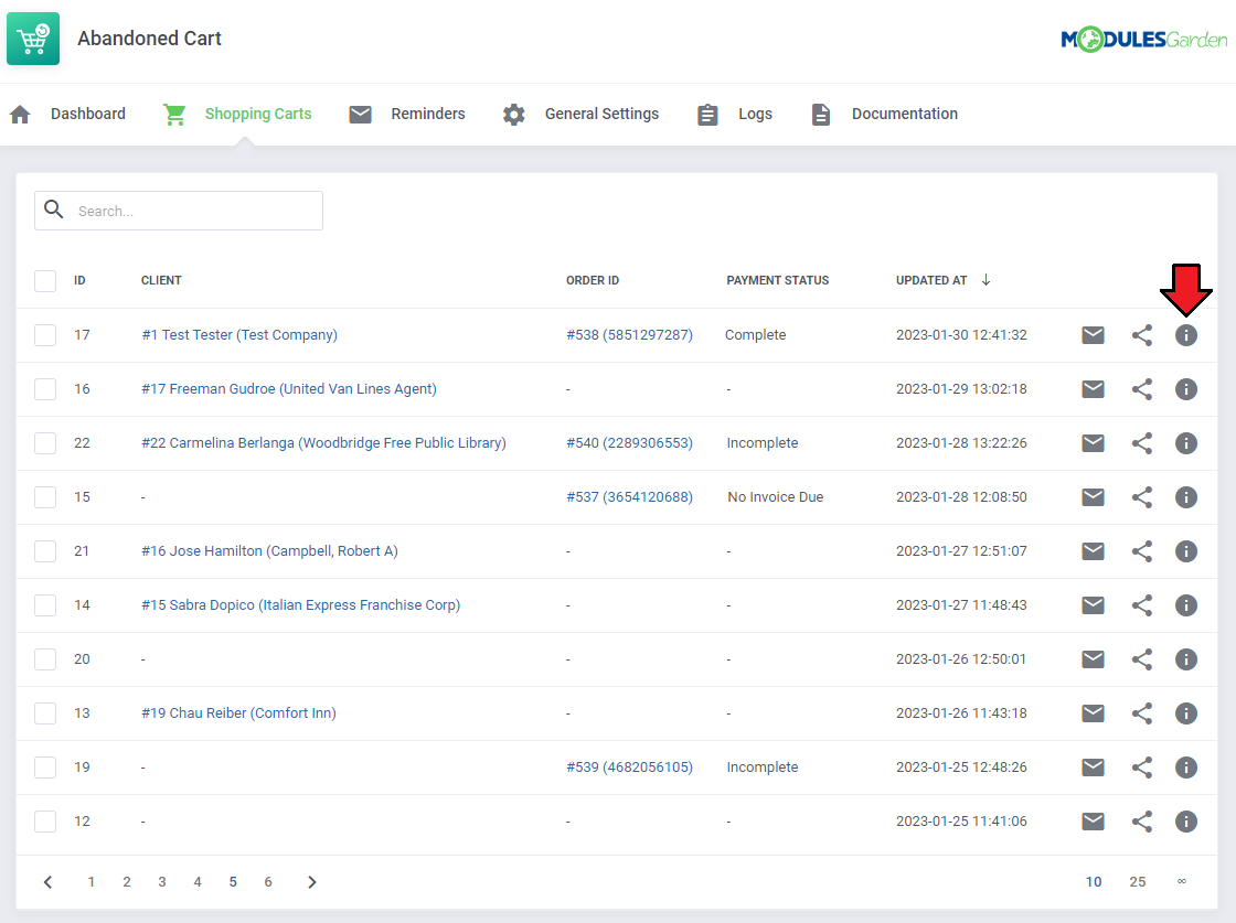 Abandoned Cart For WHMCS: Shopping Carts list in the addon with the info button to open cart snapshots