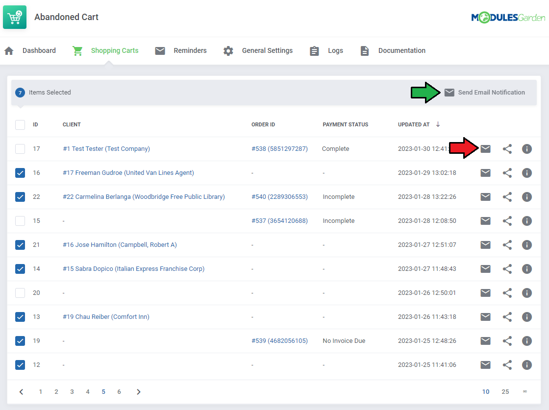 Abandoned Cart For WHMCS: Shopping Carts list with selected carts and the Send Email Notification button