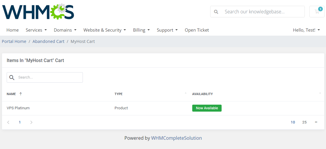 Abandoned Cart For WHMCS: saved shopping list page showing cart items, their type and availability