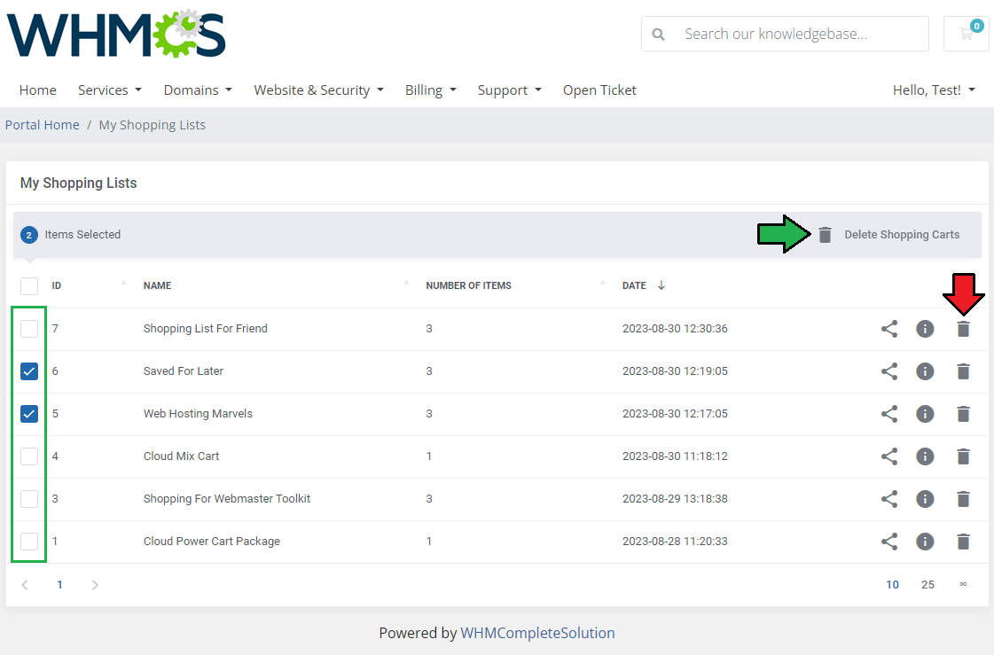 Abandoned Cart For WHMCS: My Shopping Lists page with selected carts and the Delete Shopping Carts mass action